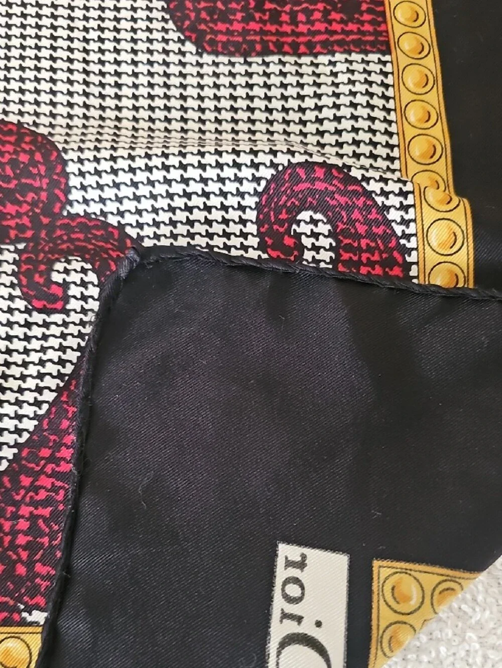 VTG 1980s Christian Dior Scarf 34x34 Houndstooth Chain Red Black White